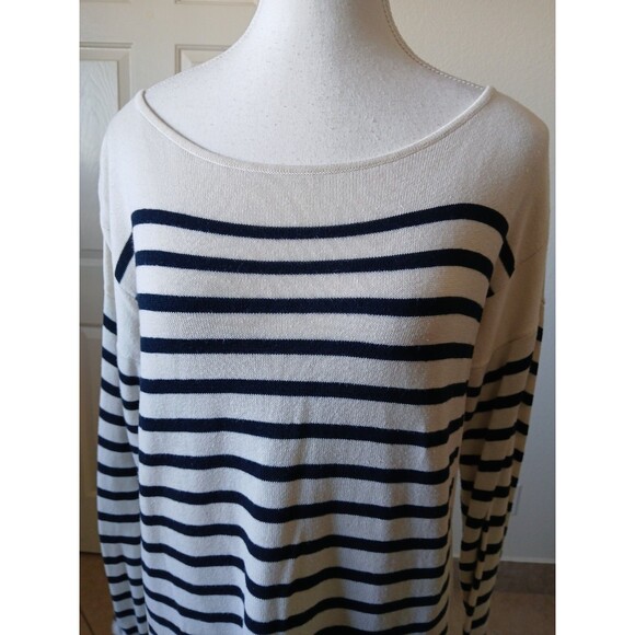 CHAPS CLASSICS Women's Top 3/4 Sleeve Navy White Striped Pullover Sweater Medium - Picture 9 of 16